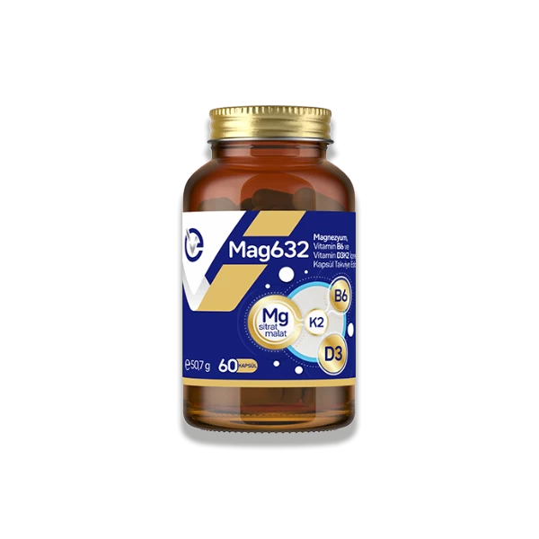 Mag632 (Magnezyum, Vitamin B6 ve Vitamin D3K2 İçeren Kapsül Takviye Edici Gıda